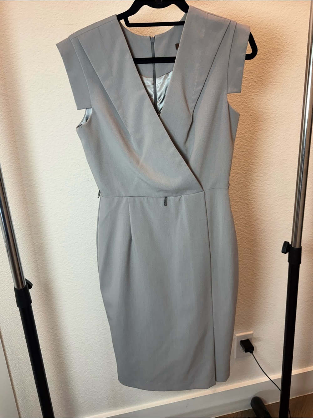 Single Light Gray Sheath Dress Size 8 | Cap Sleeve Wrap Neck Career Office Dress